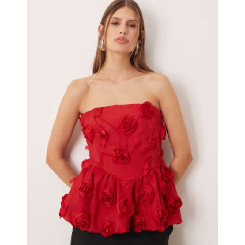 YAS 3D floral applique bandeau top in red