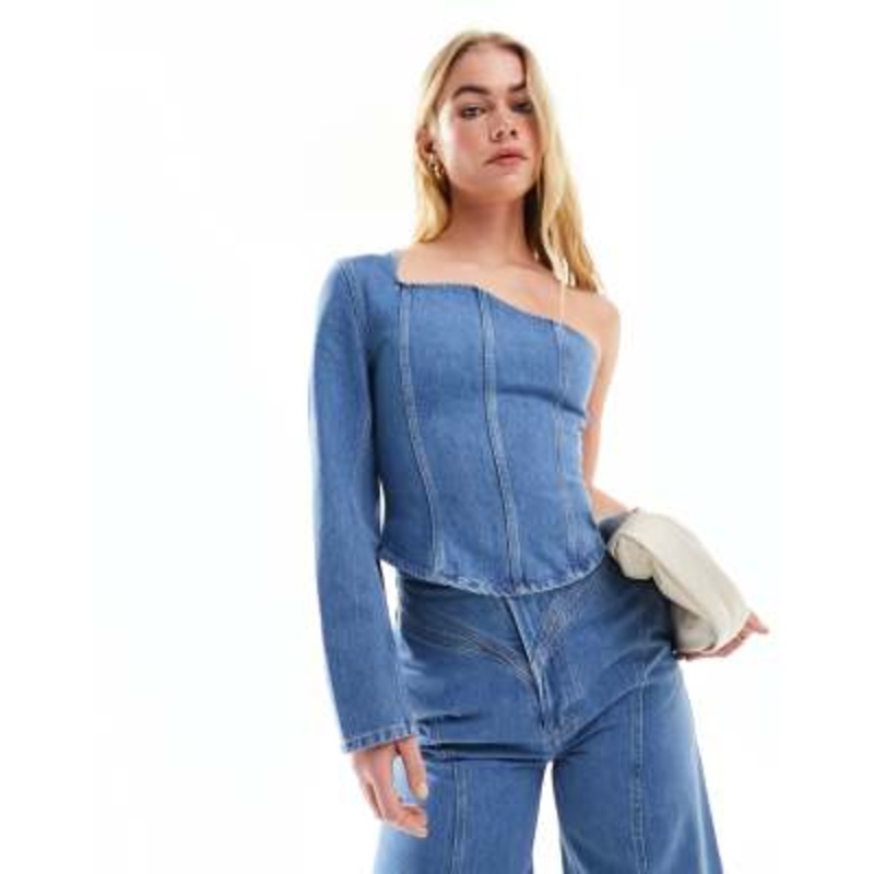 & Other Stories one shoulder asymmetric denim corset shirt in mid wash blue