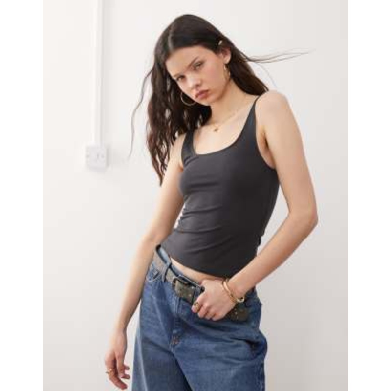 Weekday square neck scoop back tank top in off-black