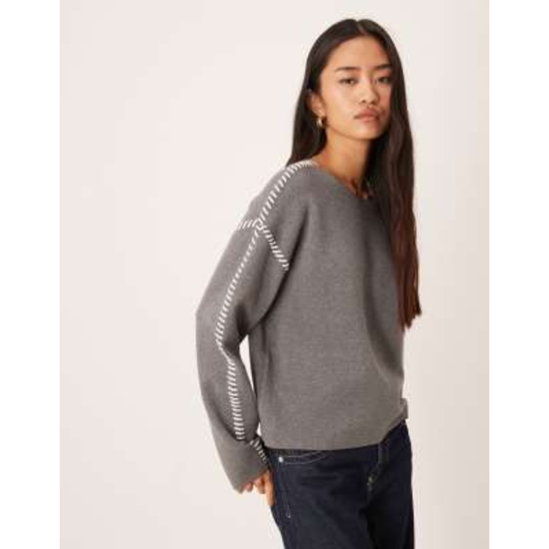 YAS contrast seam knit sweater in gray