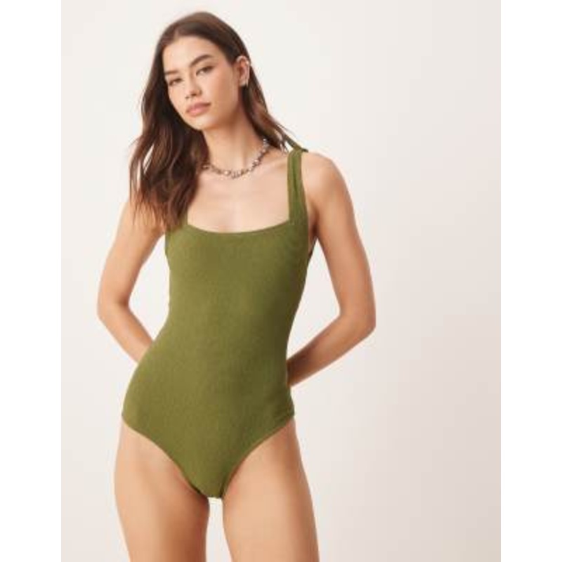 & Other Stories crinkle swimsuit with knot detail in khaki