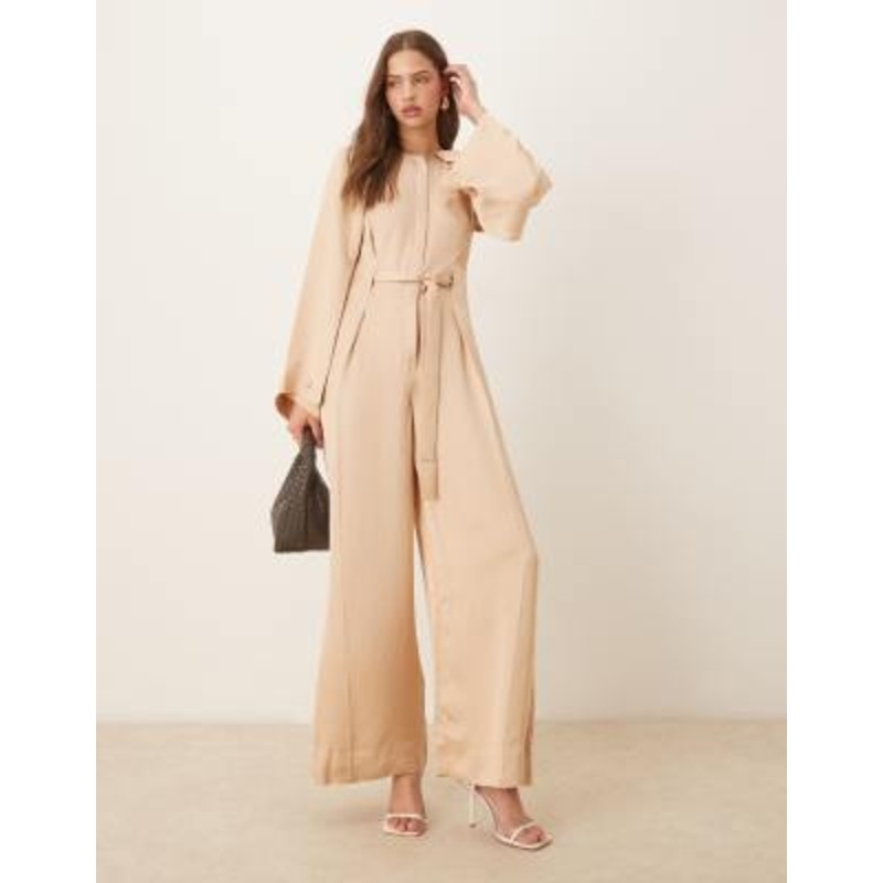 & Other Stories jumpsuit with half belt detail and split sleeves in beige
