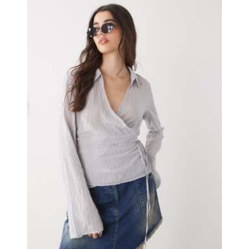 Weekday structured wrap shirt in gray stripe