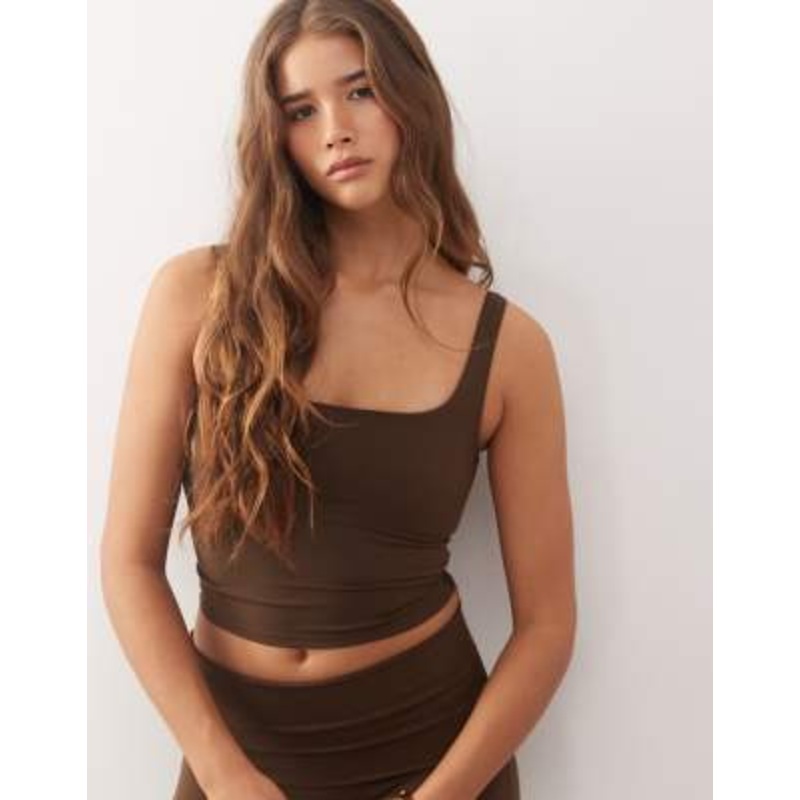 Weekday mix and match sports double layer seamless stretch square neck top in dark brown