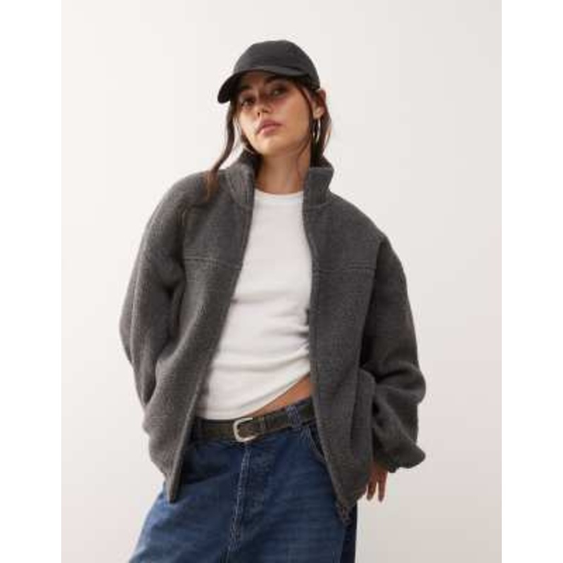 Weekday oversized borg zip fleece in dark gray