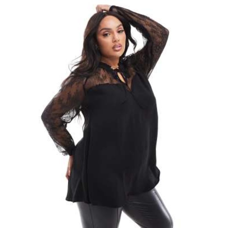 Yours sweetheart lace tie neck blouse in black