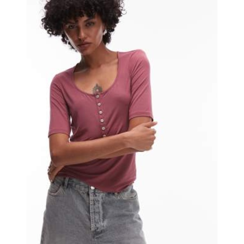 & Other Stories ribbed jersey henley top in berry burgundy