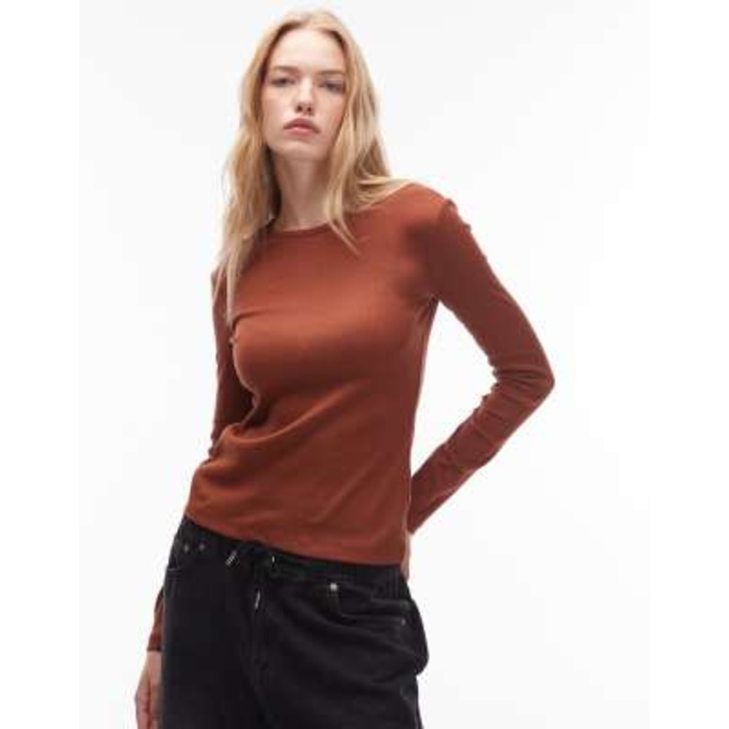 & Other Stories soft jersey ribbed long sleeve top in mocha brown