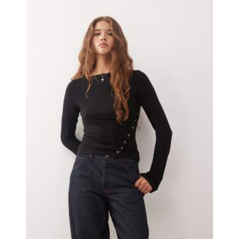 Weekday boat neck long sleeve top with eyelet split hem detail in black