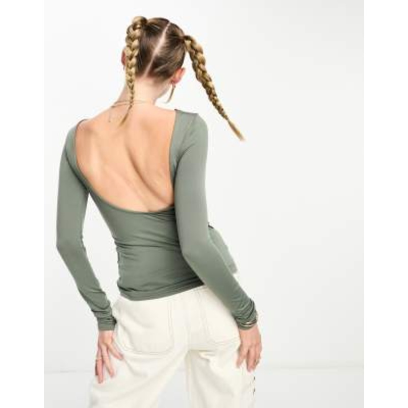 Weekday Gizem open back long sleeve top in khaki gray
