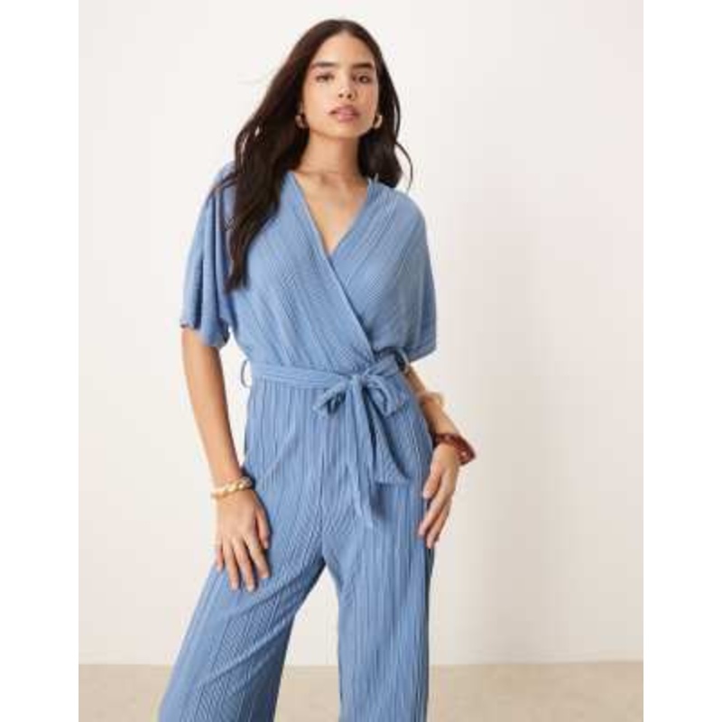 YAS plisse wrap front jumpsuit in blue