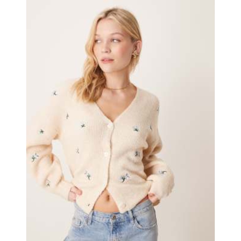 YAS floral embroidered knit cardigan in birch cream
