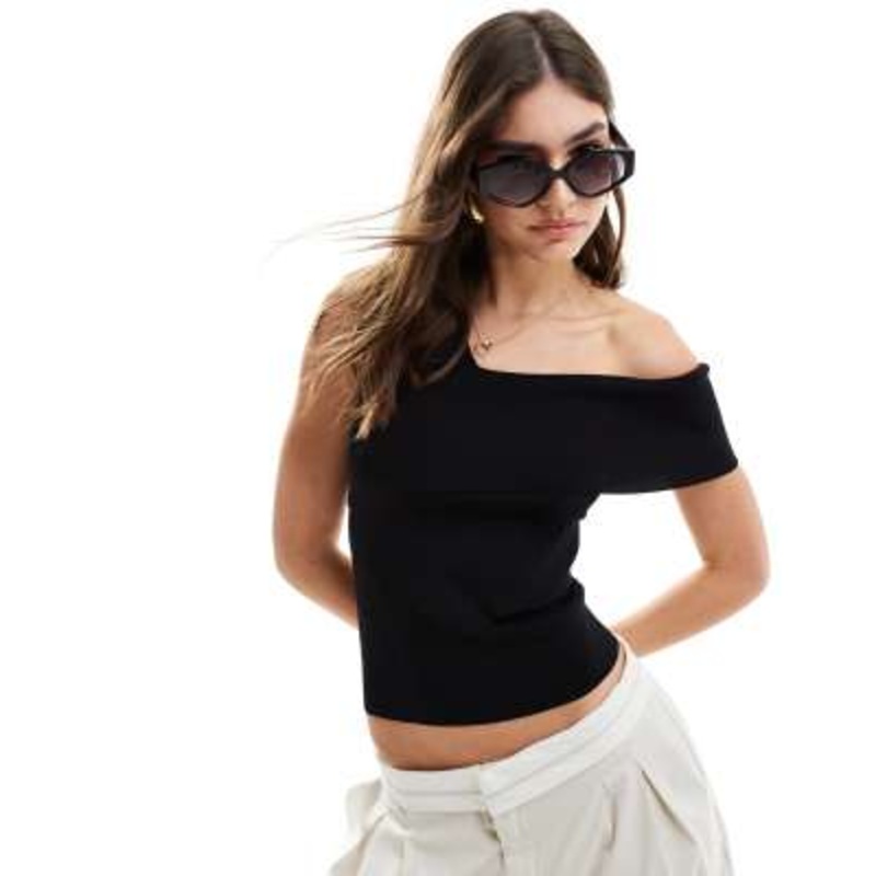 & Other Stories knit top with asymmetric off-shoulder detail in black
