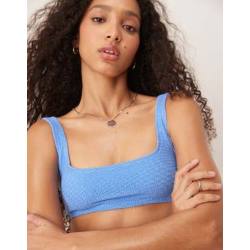 & Other Stories mix and match crinkle scoop front bikini top with low back in blue