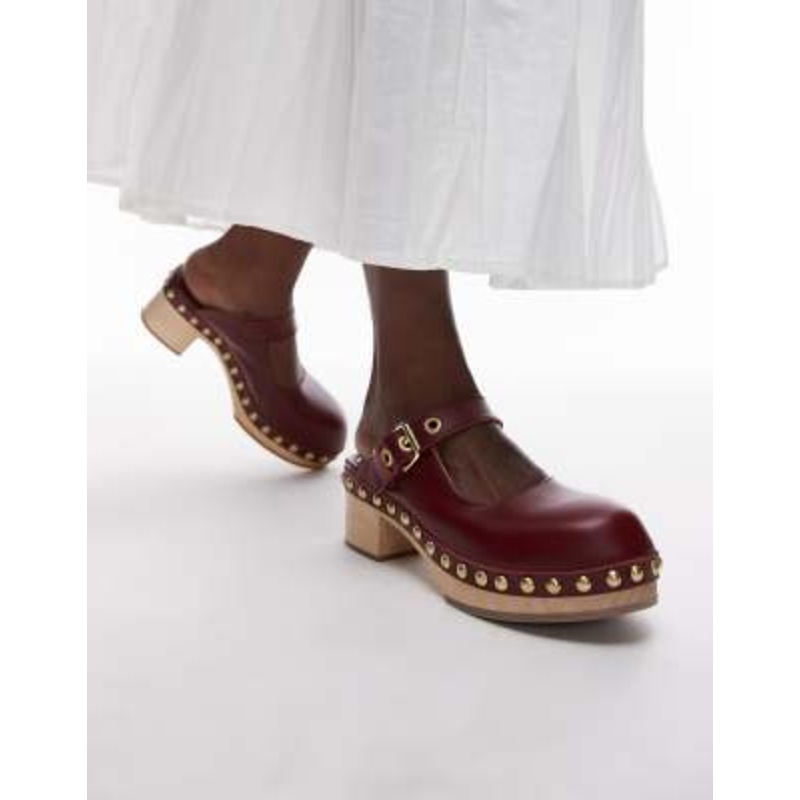 & Other Stories real leather wooden soled heeled clogs in dark red