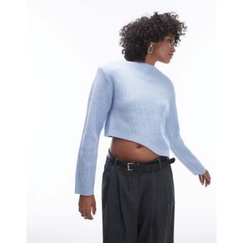 & Other Stories wool blend mixed rib sweater with bold shoulder and asymmetric detail in blue