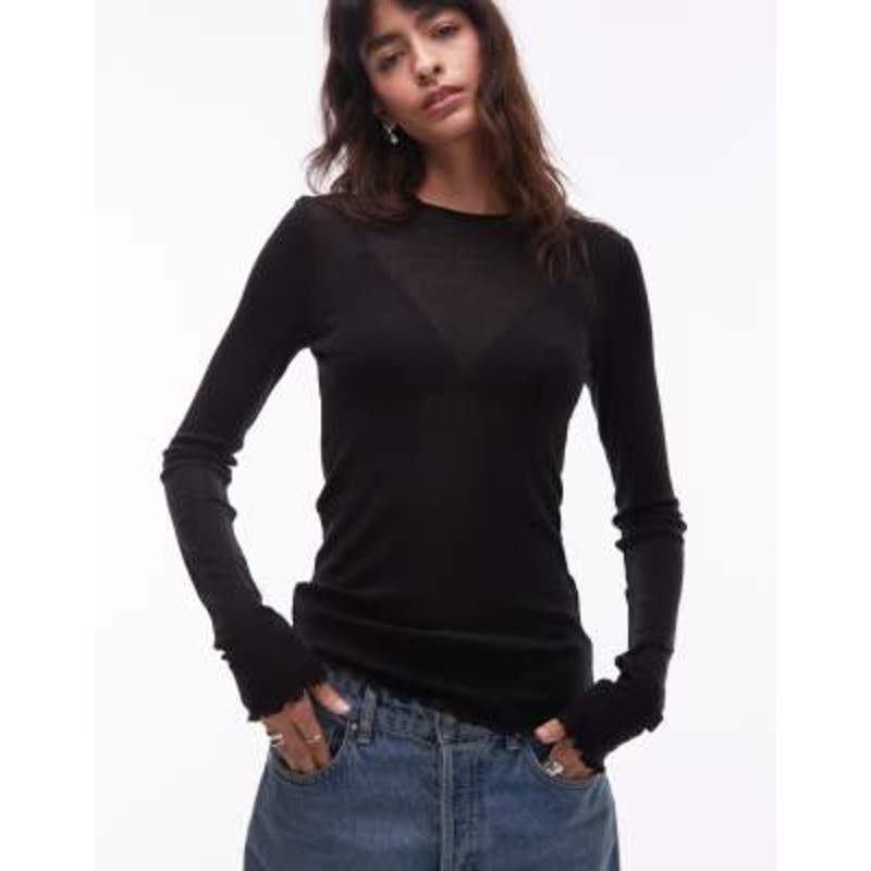 & Other Stories pure wool lettuce edge long sleeve top with thumbhole details in black