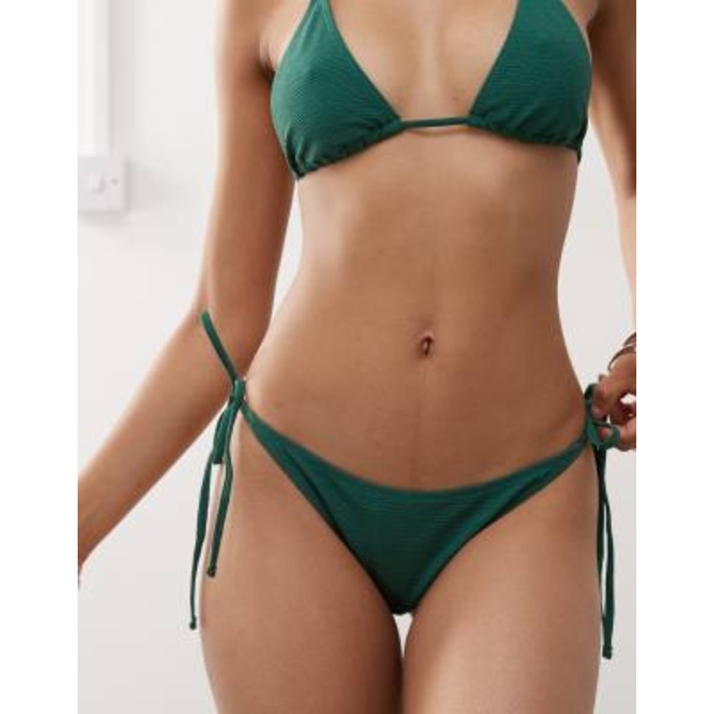 Weekday crinkle side tie bikini bottoms in dark green – exclusive to