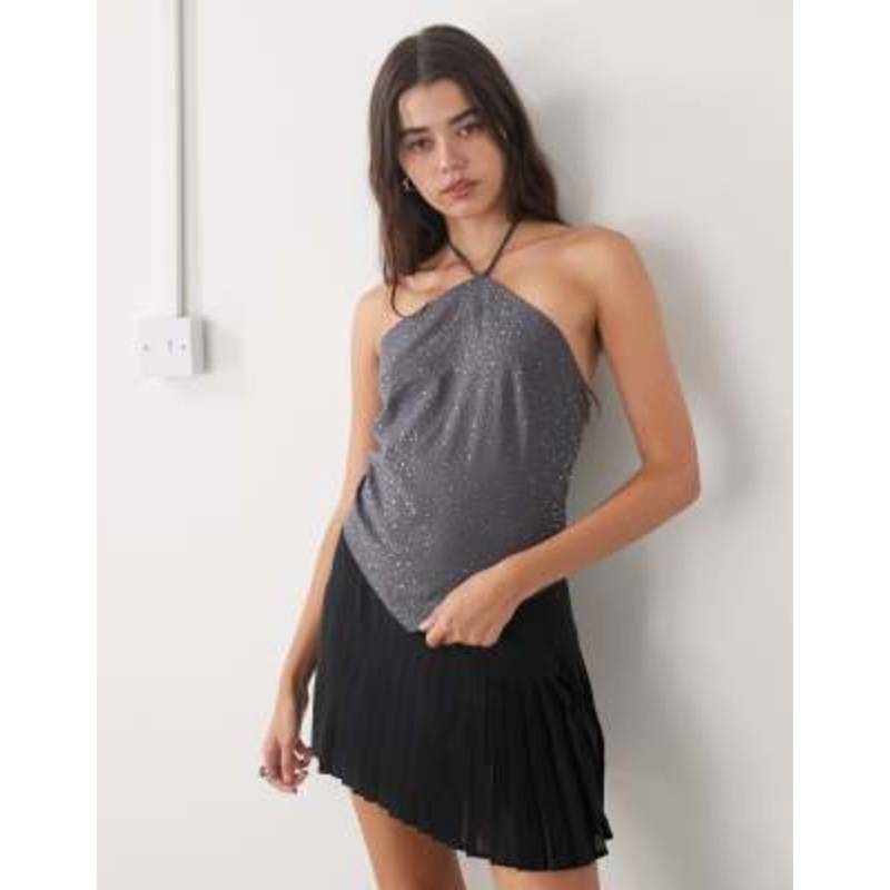 Weekday halterneck top with rhinestones in off-black