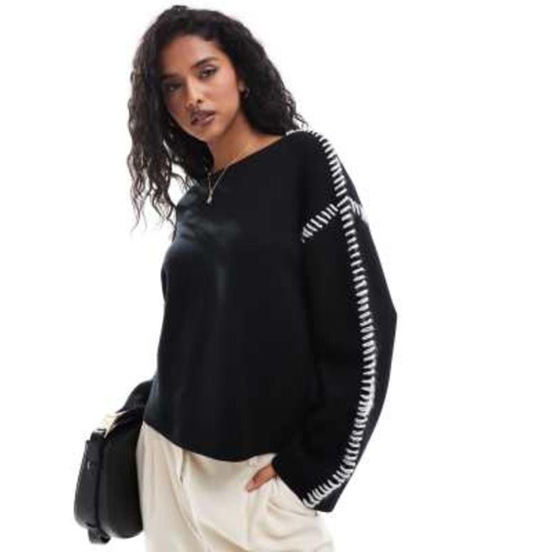 YAS contrast stitch detail sweater in black