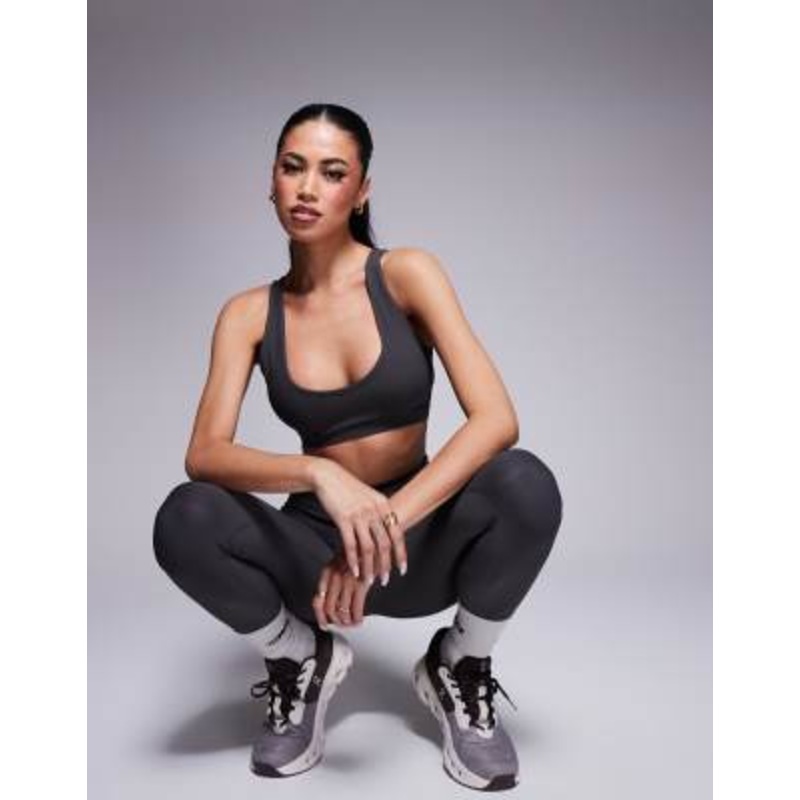 4505 active rib knit v neck light support sports bra in slate gray