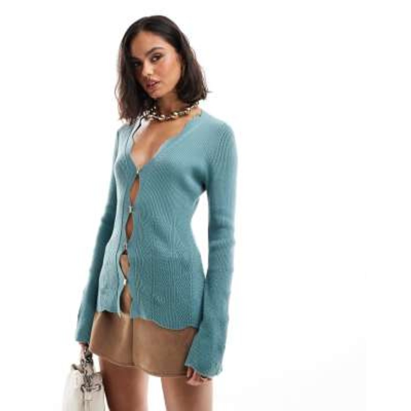 & Other Stories fitted cardigan with extended flared sleeve and scalloped front button detail in teal blue