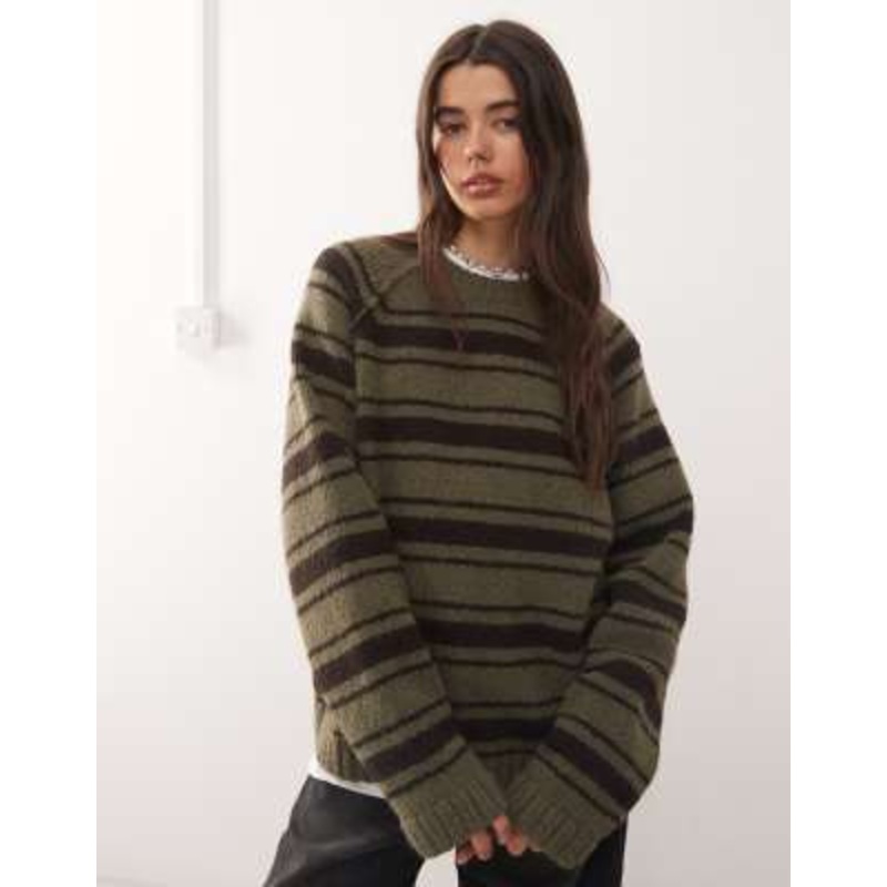 Weekday oversized sweater with reversed seams in dark khaki green & brown striped slubby yarn