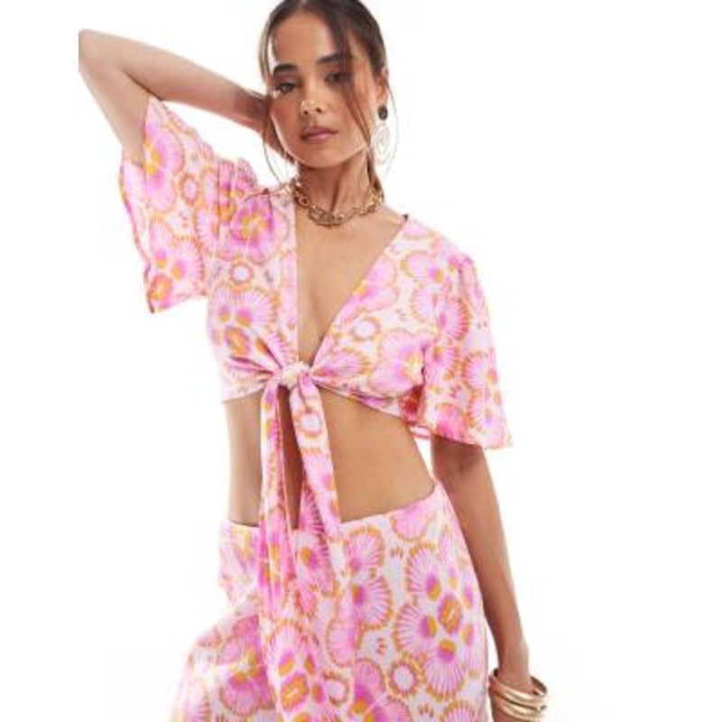 Y.A.S cropped tie front top in pink floral – part of a set
