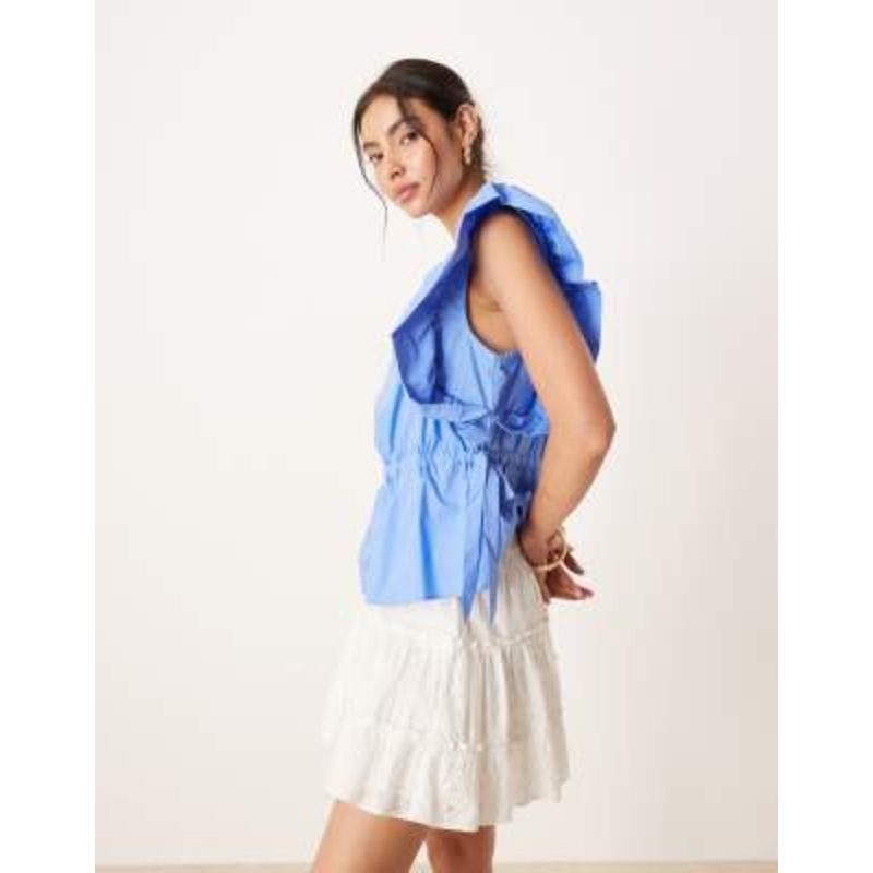 YAS ruffle sleeve tie waist detail poplin top in provence blue