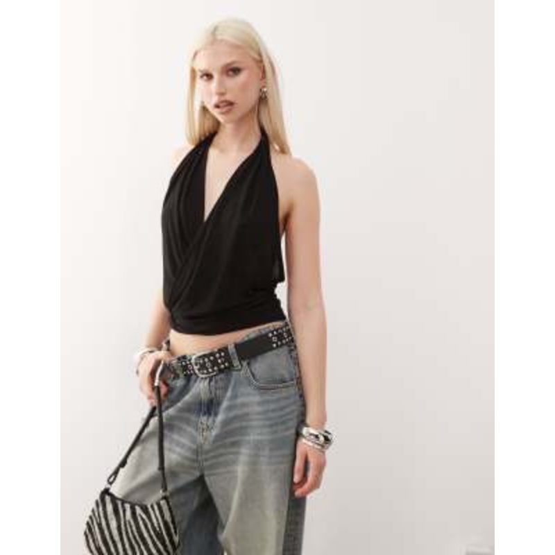 Weekday drape front halter neck top with open back in black