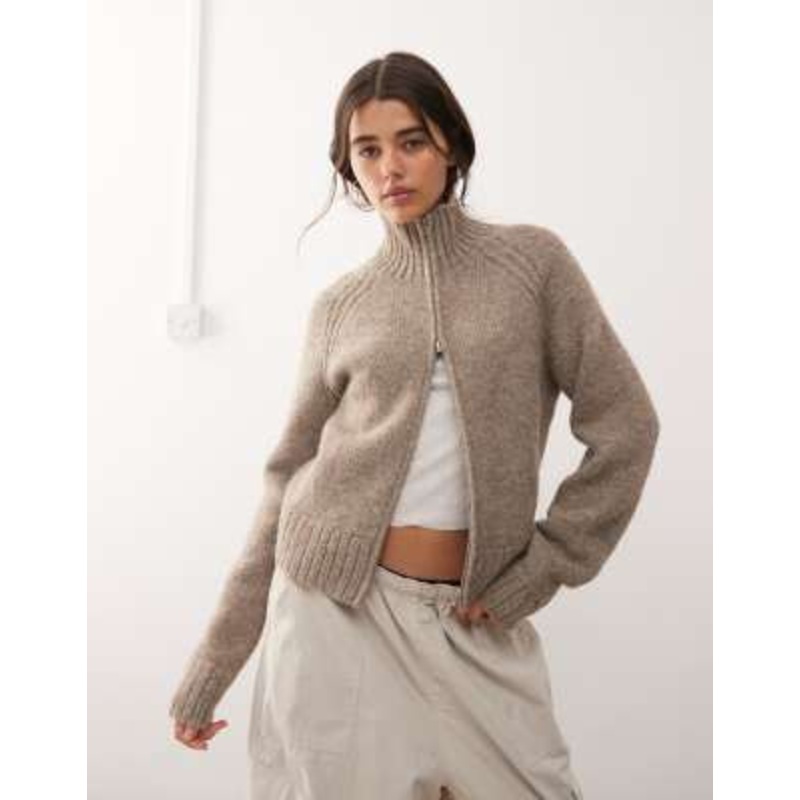 Weekday wool blend fuzzy knit zip through cardigan in dark mole melange