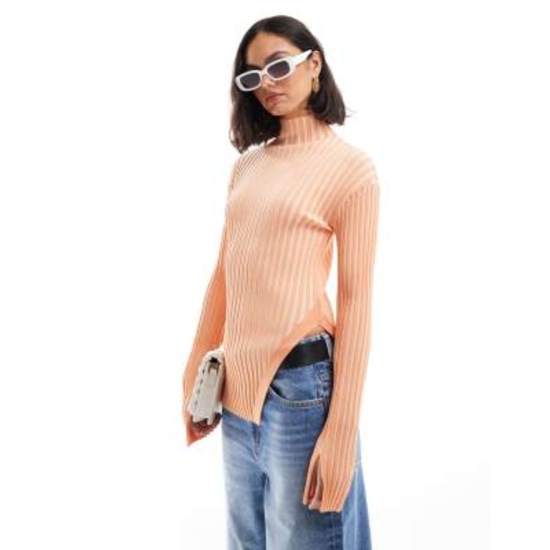 & Other Stories knit ribbed fitted sweater with cut away hem detail in orange two tone
