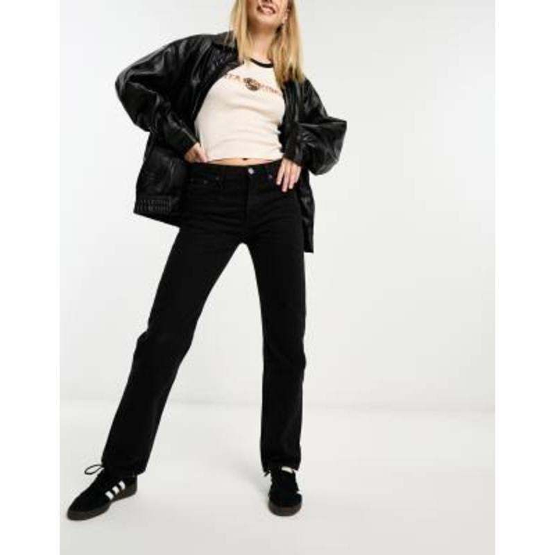 Weekday Pin mid waist regular fit straight leg jeans in black lux