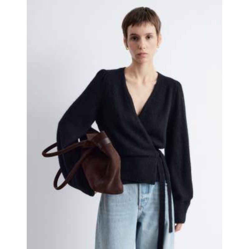 & Other Stories mohair & wool blend hairy yarn wrap cardigan with puff sleeves in black