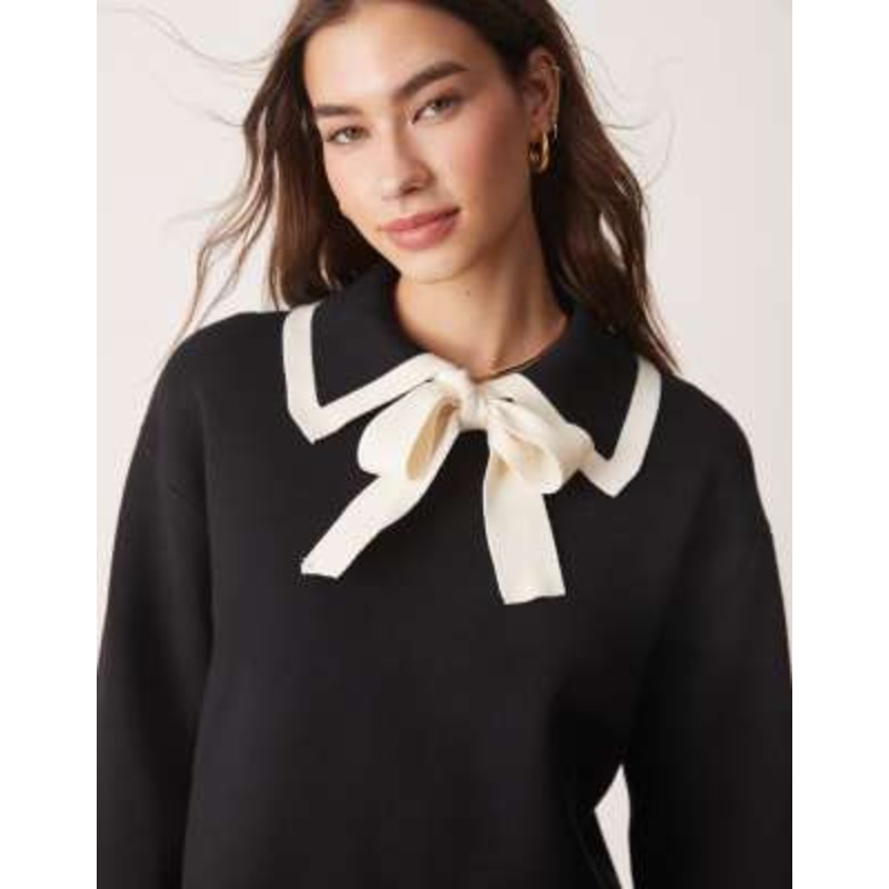 YAS bow neck long sleeve knit top in black