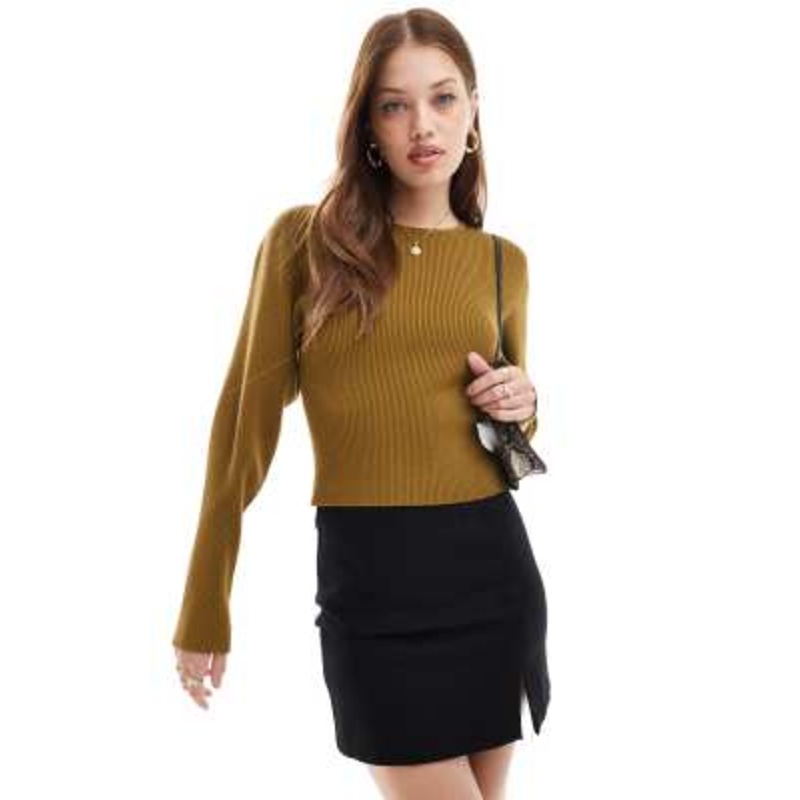 & Other Stories knit fitted sweater with sculptural sleeves in dark khaki green