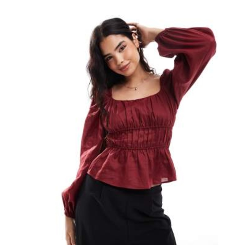& Other Stories linen blend long sleeve ruched top in burgundy red
