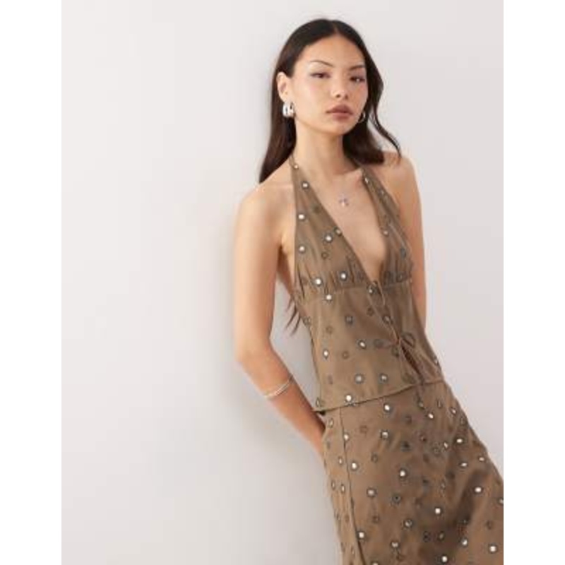Weekday halter neck top with mirror sequin embellishment in khaki – part of a set