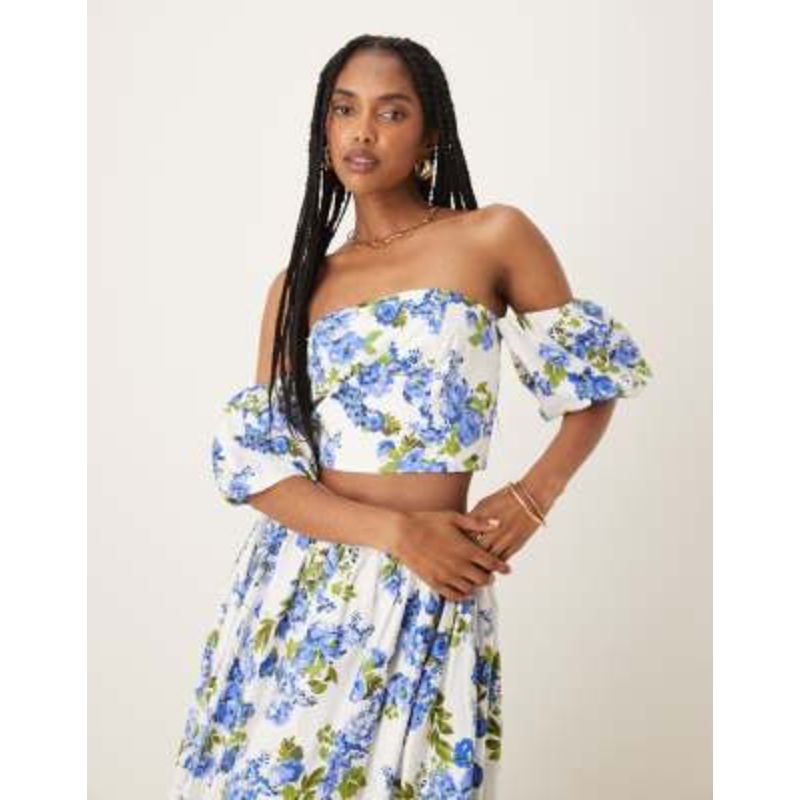 YAS off the shoulder volume sleeves top in blue and white floral – part of a set