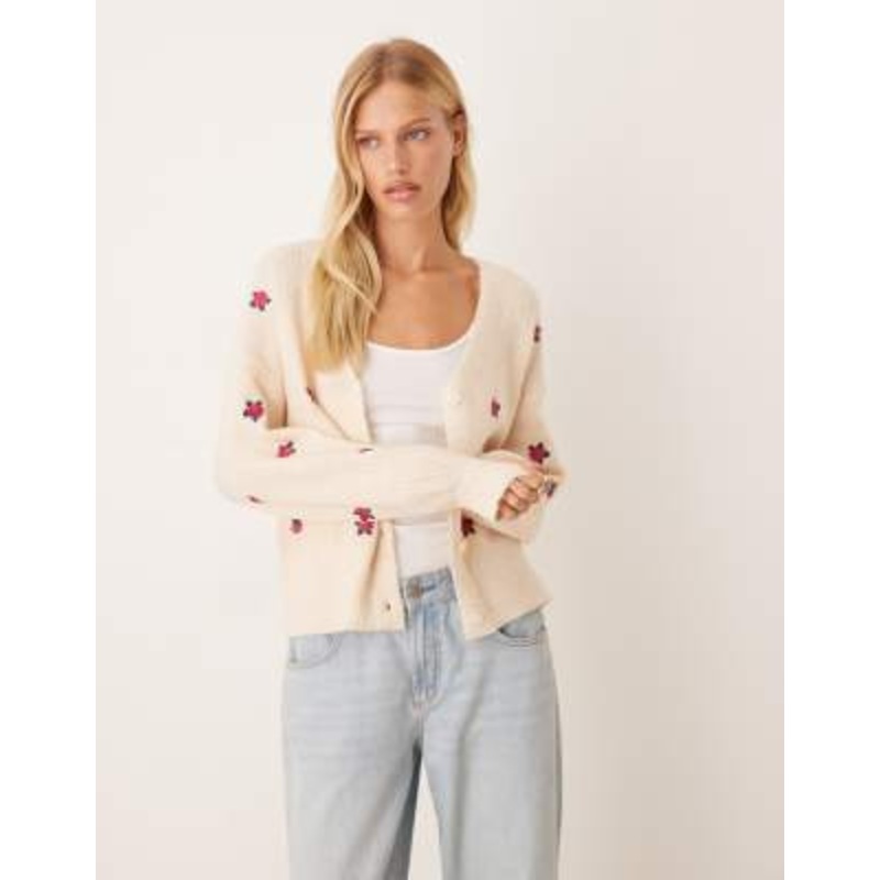 YAS rose embroidered balloon cuff cardigan in cream