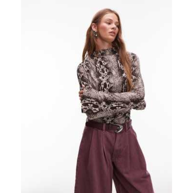 & Other Stories jersey top side ruche with long sleeves in snake print