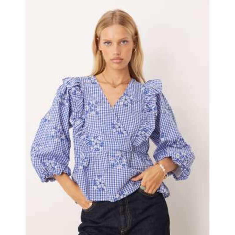 YAS frill detail gingham blouse in blue and white