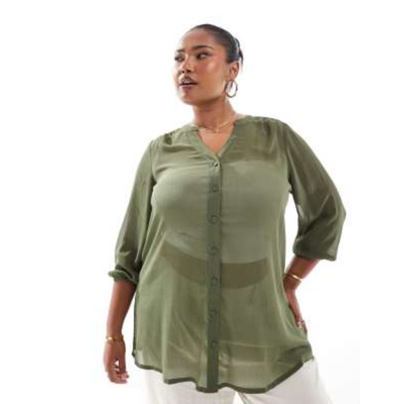 Yours notch neck sheer crepe blouse in olive