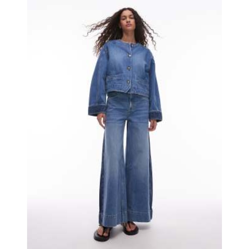 & Other Stories high rise wide leg jeans in mid wash blue with contrast side panel