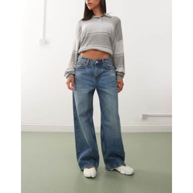 Weekday Missy low waist loose fit jeans in dark blue wash with green tint