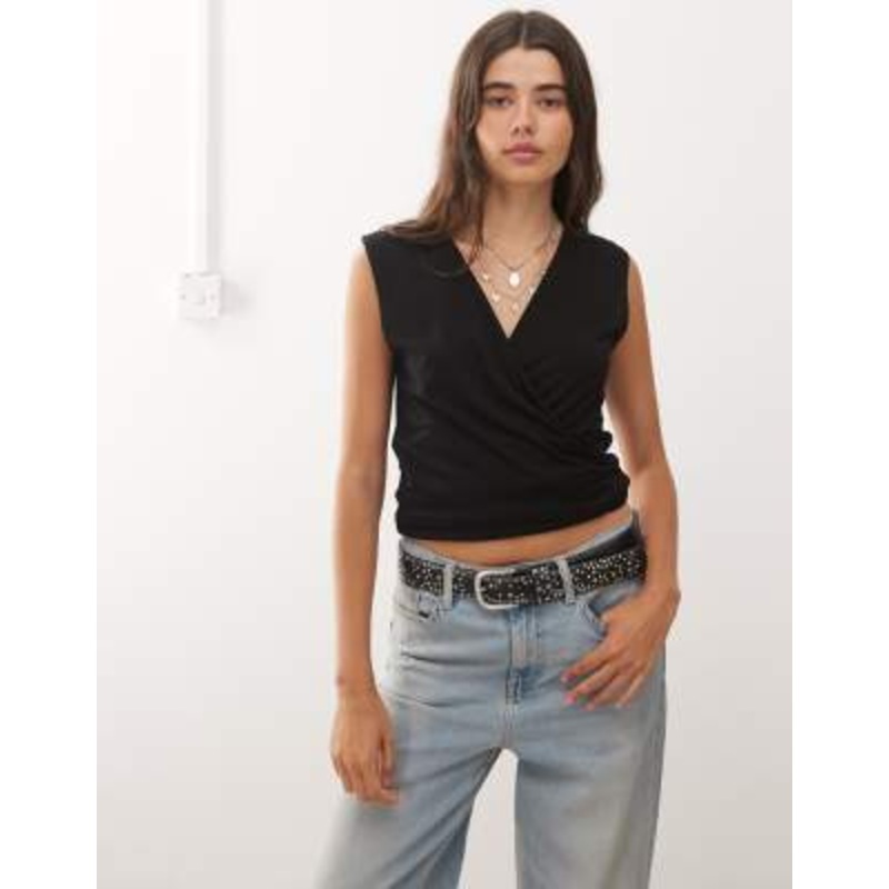Weekday sleeveless wrap top in black
