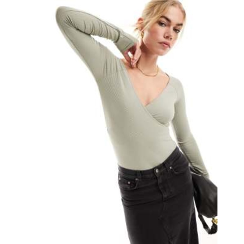 & Other Stories long sleeve bodysuit top with wrap front in sage green