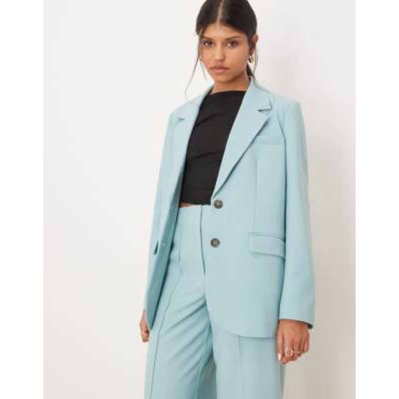YAS oversized blazer with tortoise shell button detail in teal blue – part of a set