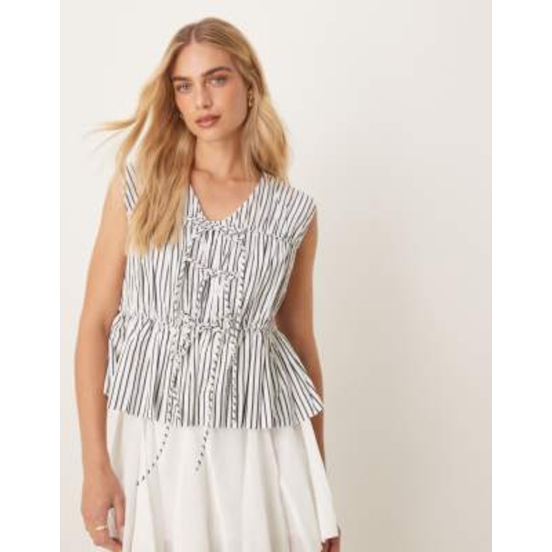 YAS sleeveless tie front poplin top in black and white stripe