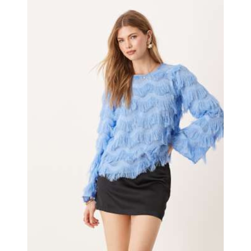 YAS textured flared sleeve blouse in blue